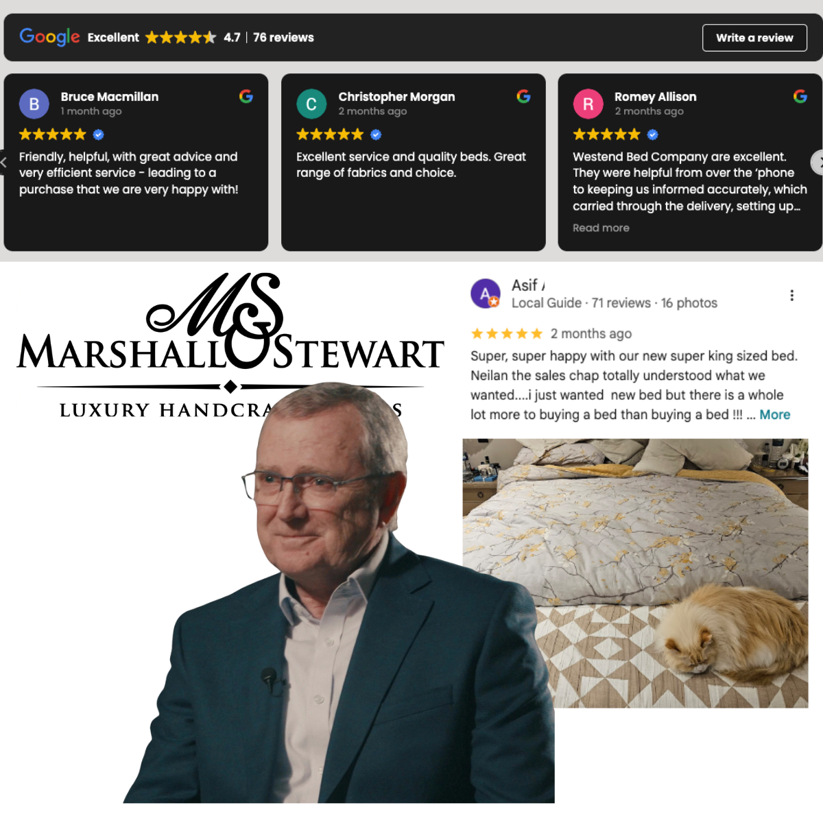 Ultra-premium bed manufacturer's five-star Google review profile.