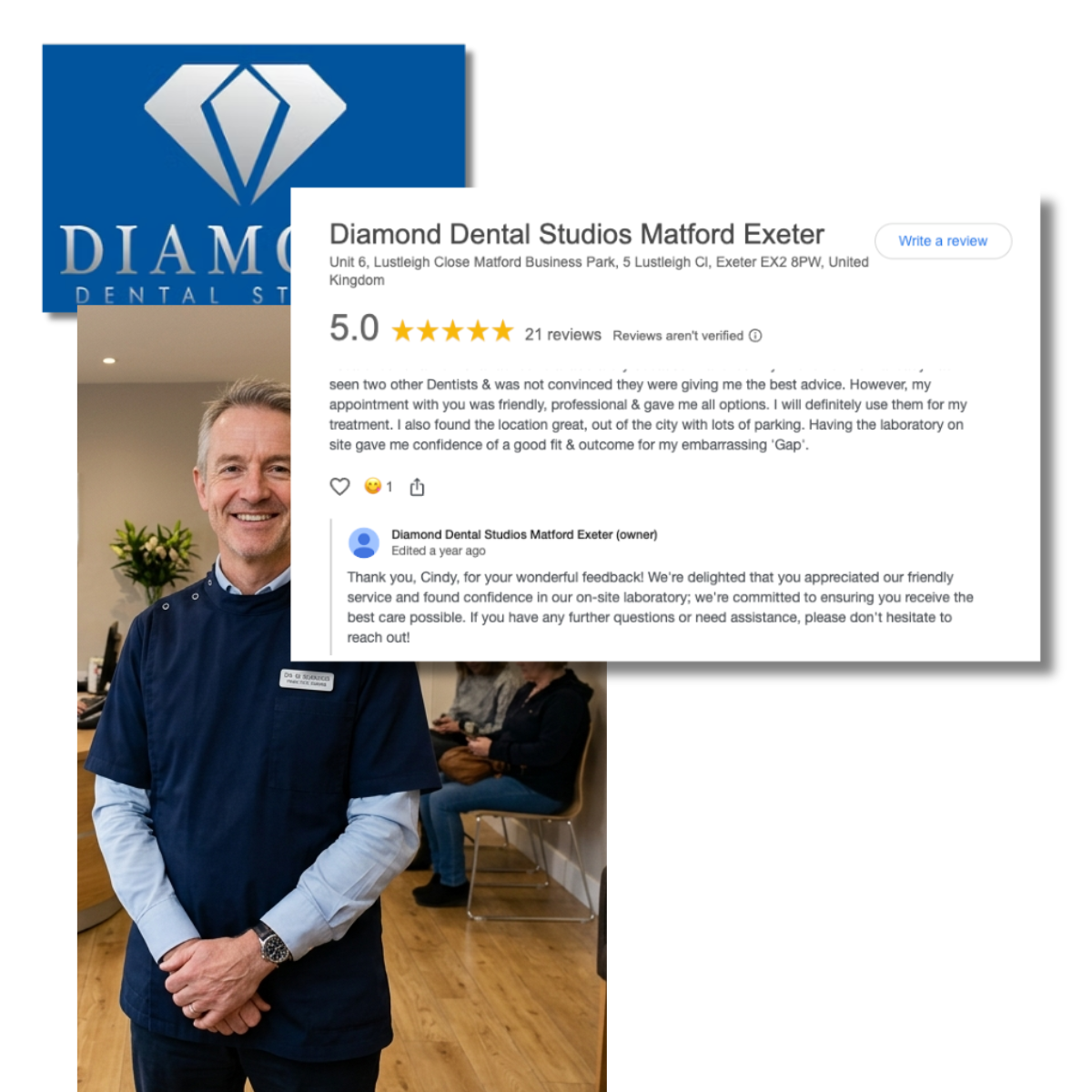 New dental practice's five-star Google reviews showing 21 reviews in the first two weeks.