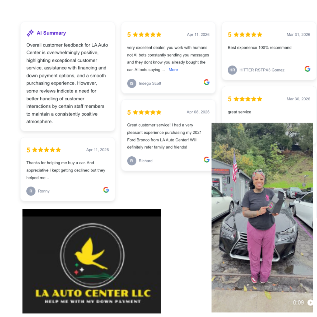 Los Angeles auto dealership Google reviews showing 4.9 star rating.